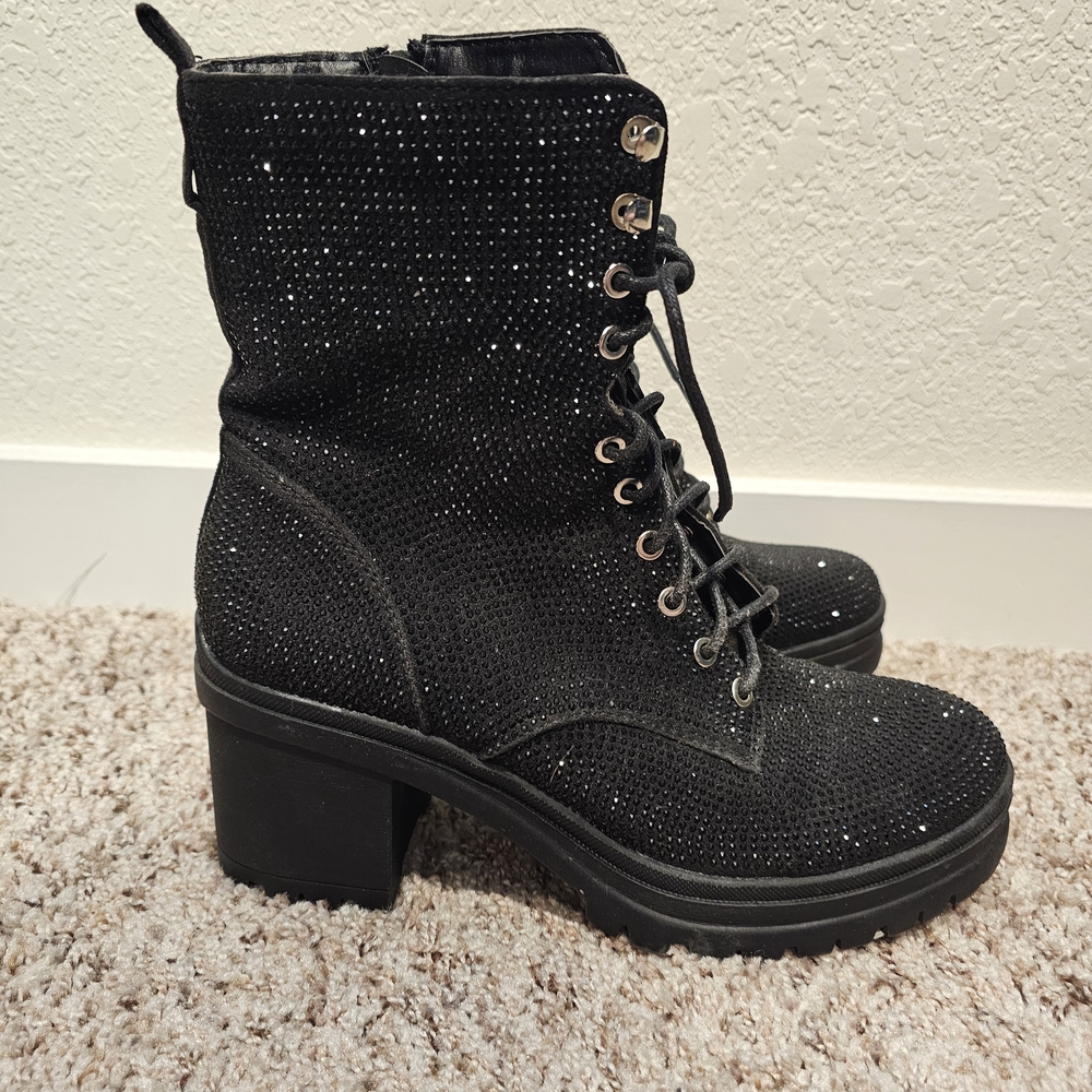 Madden Girl Black Sparkle Lace-Up Chunky Heel Combat Boots
